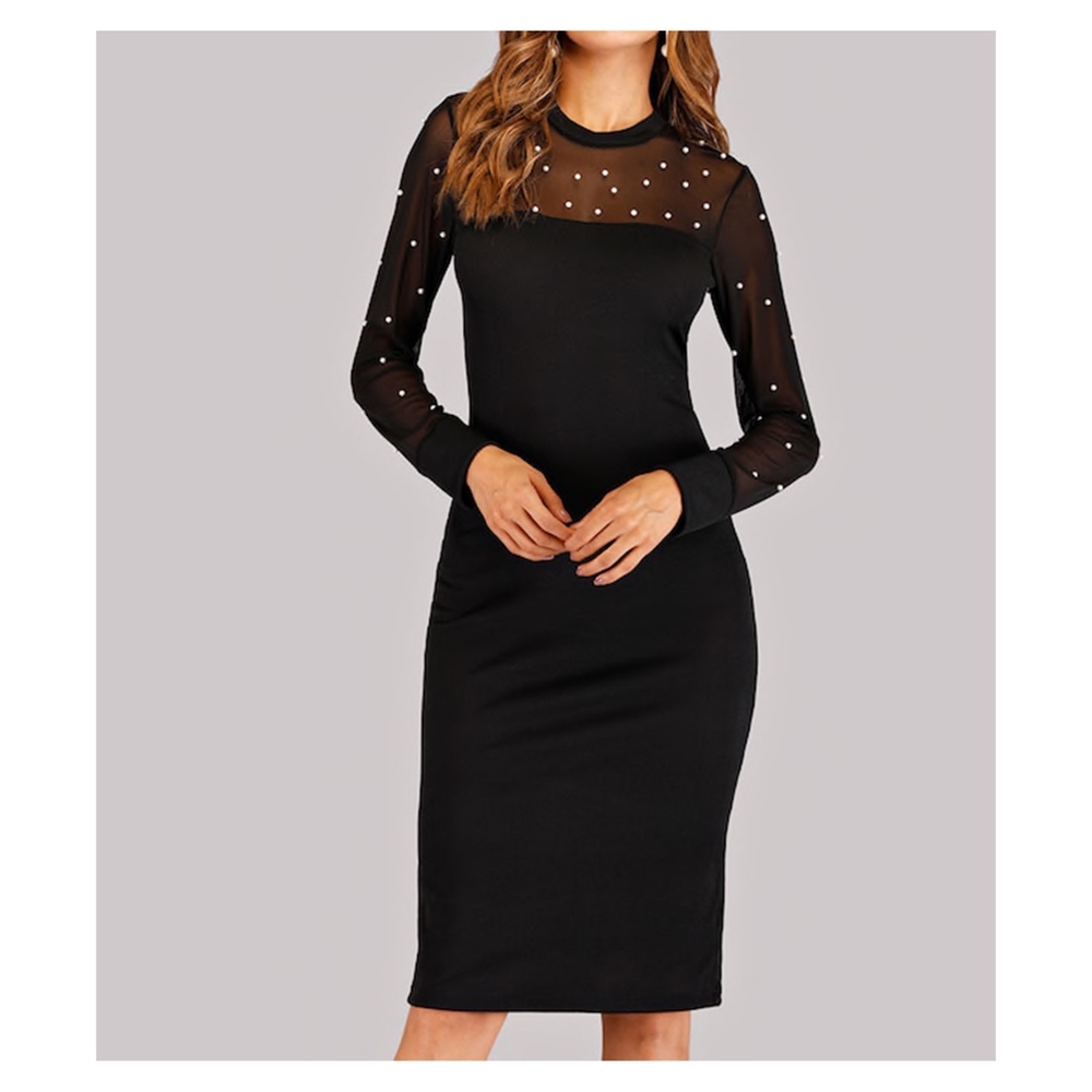 Black Mesh Faux Pearl Embellished Midi Dress - Picture 7 of 8